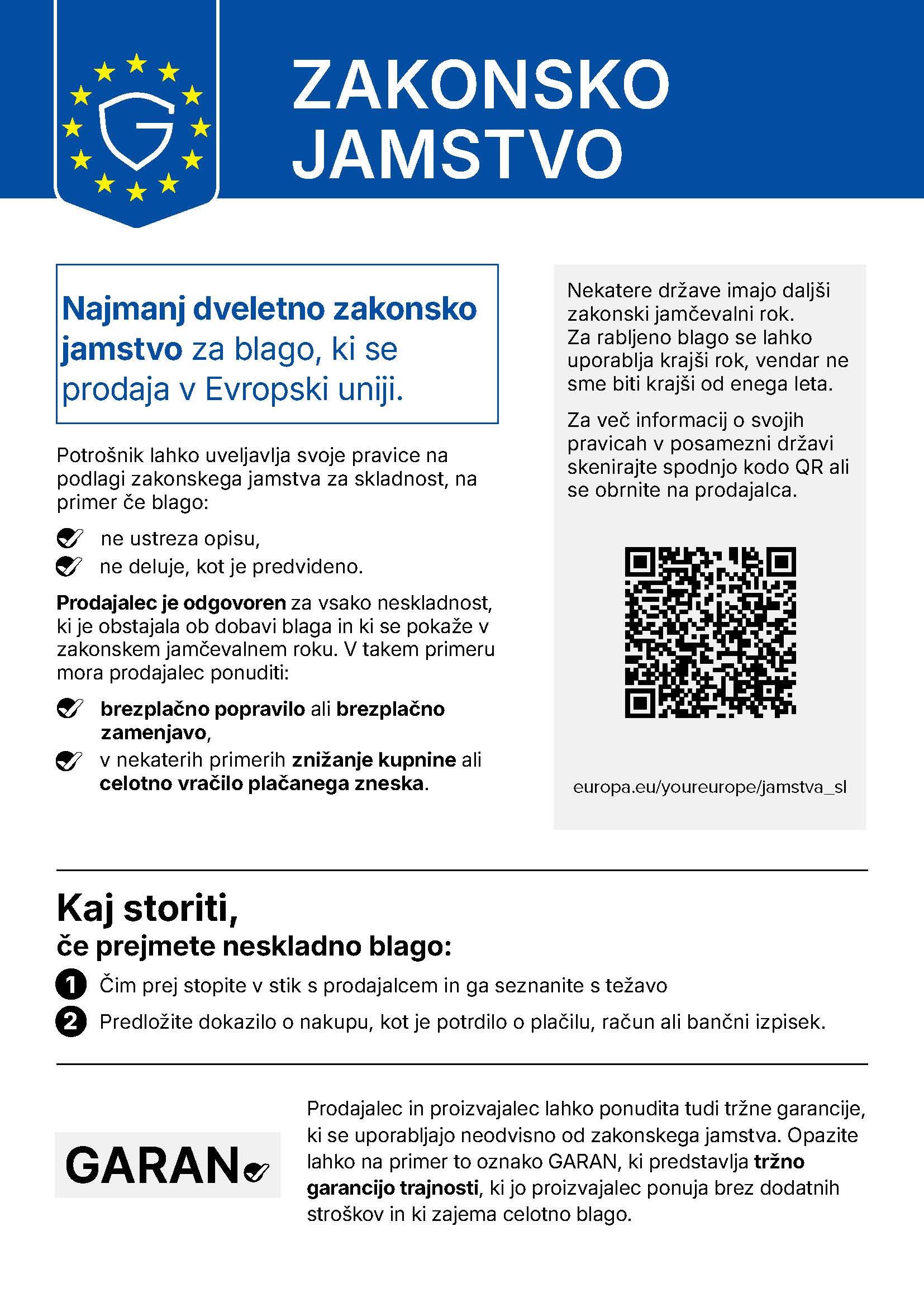 Uradno obvestilo o zakonskem jamstvu