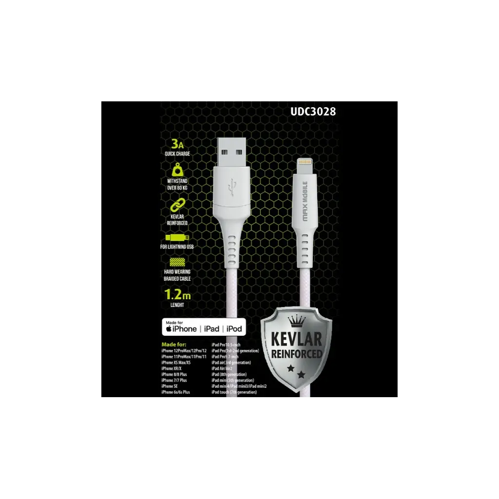 Kabel Lightning USB-A MAXMOBILE UDC3028 kevlar QC 3A MFI 1.2m bijeli-0