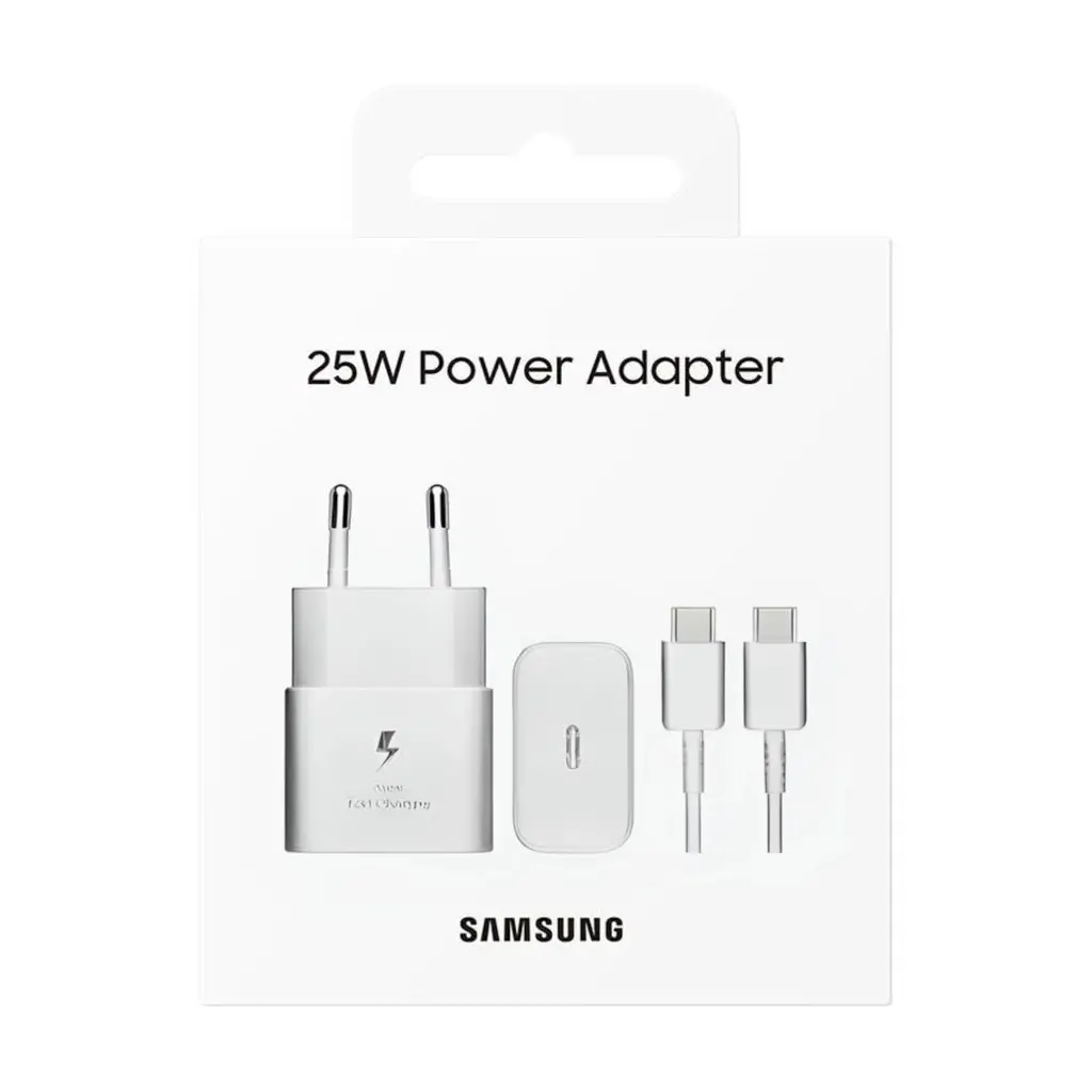 Adapter za napajanje SAMSUNG - hišni polnilec Type-C 25W hitri GaN + kabel Type-C, bel, BLISTER-0