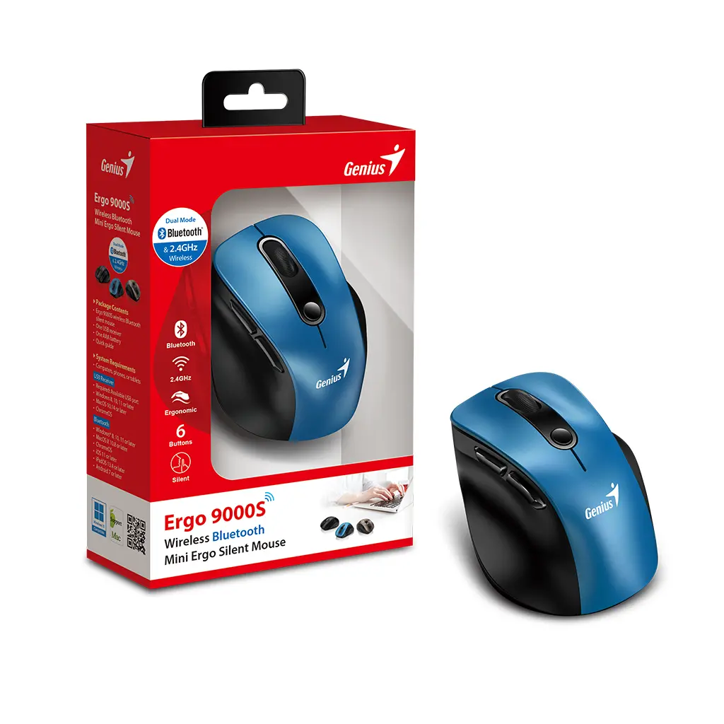Miš GENIUS Ergo 9000S, ergonomski bežični miš, plavi-0