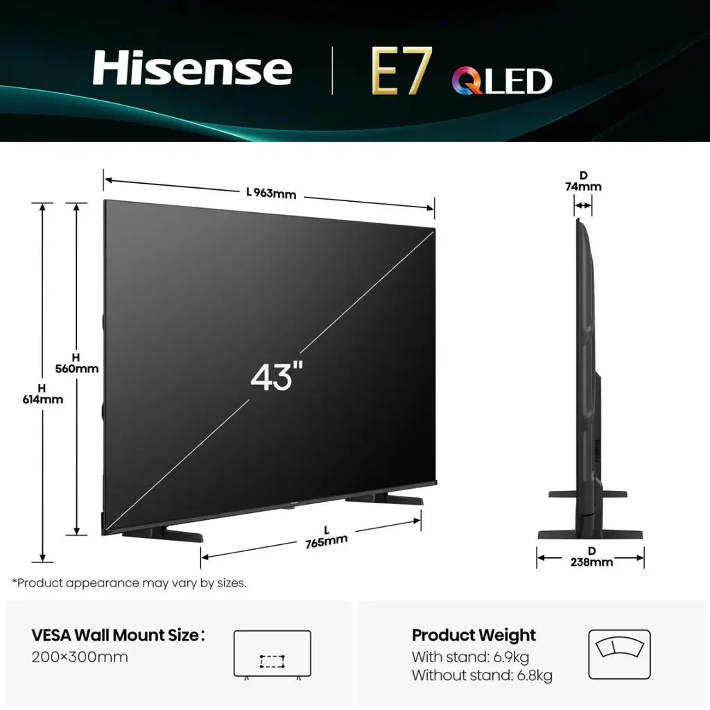 TV HISENSE 43E7Q, QLED, 43", 108cm, UHD, SMART-1