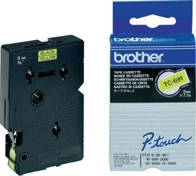 Trak BROTHER 9mm črn izpis na rumenem traku - TC691 Trak BROTHER 9mm črn izpis na rumenem traku - TC691