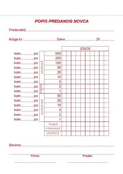 TI.I-47/ncr Popis predanog novca Eur TI.I-47/ncr Popis predanog novca Eur