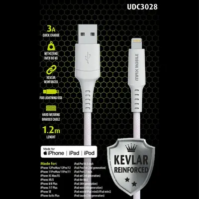 Kabel Lightning USB-A MAXMOBILE UDC3028 kevlar QC 3A MFI 1.2m bijeli Kabel Lightning USB-A MAXMOBILE UDC3028 kevlar QC 3A MFI 1.2m bijeli