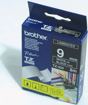 Trak BROTHER 9mm bel izpis na črnem traku - TZE325 Trak BROTHER 9mm bel izpis na črnem traku - TZE325