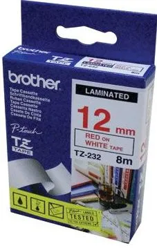 Trak BROTHER 12mm rdeč izpis na belem traku - TZE232 Trak BROTHER 12mm rdeč izpis na belem traku - TZE232