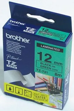 Trak BROTHER 12mm črn izpis na zelenem traku - TZE731 Trak BROTHER 12mm črn izpis na zelenem traku - TZE731
