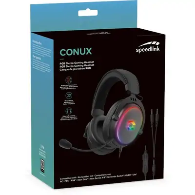 Slušalke+mikrofon Conux SPEEDLINK gaming headset, RGB, PC/PS5/PS4/Xbox SeriesX/S/Switch 2/Switch/OLED/Lite, črne