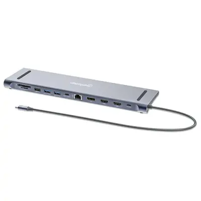 Docking station MANHATTAN 12-in-1 Multiport Hub, USB-C na 2x 4K 60Hz HDMI, 4K 60Hz DisplayPort, 3x USB-A, USB-C PD 100W, USB-C, Gigabit RJ45, SD/microSD citac, 3.5mm audio