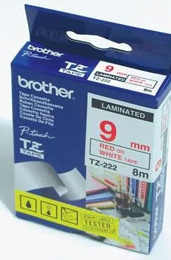 Trak BROTHER 9mm rdeč izpis na belem traku - TZE222 Trak BROTHER 9mm rdeč izpis na belem traku - TZE222