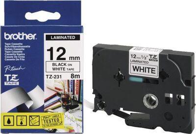 Trak BROTHER 12mm črn izpis na belem traku - TZE231