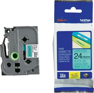 Trak BROTHER 24mm črn izpis na zelenem traku - TZE751 Trak BROTHER 24mm črn izpis na zelenem traku - TZE751