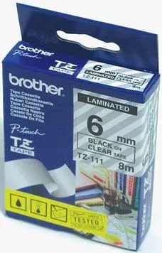 Trak BROTHER 6mm črn izpis na prozornem traku - TZE111 Trak BROTHER 6mm črn izpis na prozornem traku - TZE111