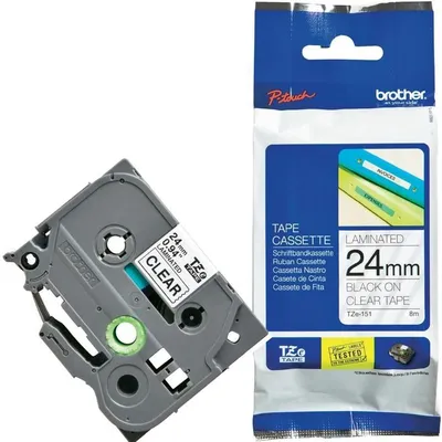 Trak BROTHER 24mm črn izpis na prozornem traku - TZE151 Trak BROTHER 24mm črn izpis na prozornem traku - TZE151