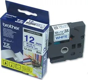 Trak BROTHER 12mm moder izpis na belem traku - TZE233 Trak BROTHER 12mm moder izpis na belem traku - TZE233