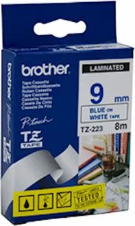 Trak BROTHER 9mm moder izpis na belem traku - TZE223 Trak BROTHER 9mm moder izpis na belem traku - TZE223